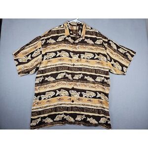 Mango Moon Hawaiian Rayon Shirt Men's Size Medium Brown Fish Pattern Costal